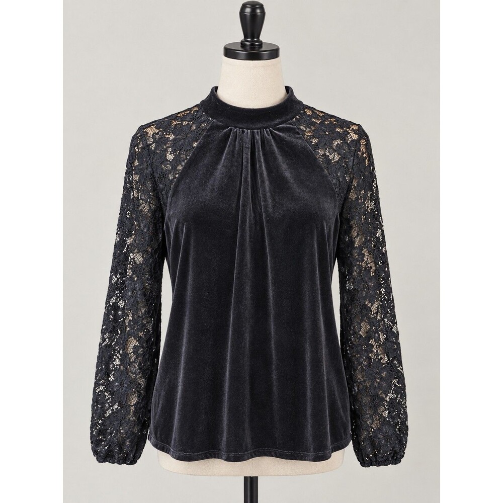 Womens Black Lace And Velvet Cable & Gauge Blouse Sz L Whimsygoth Dark Academy